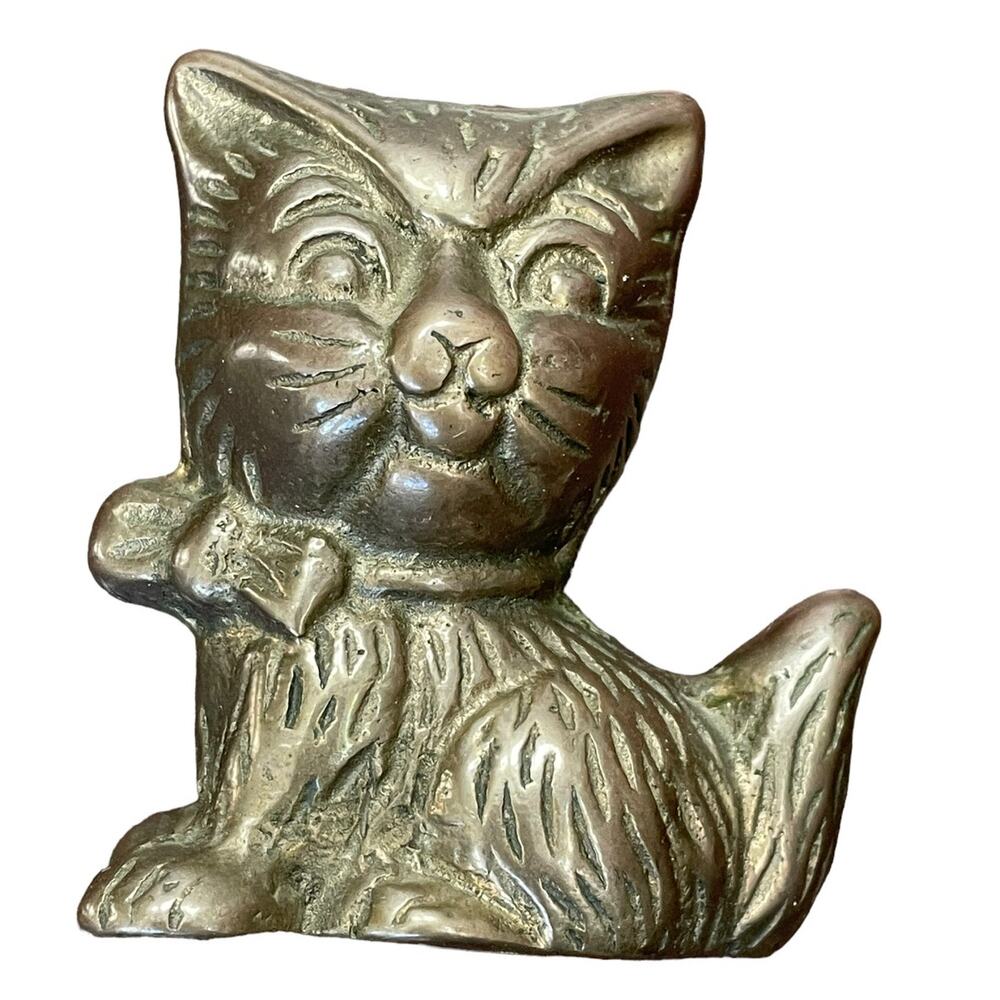 Vintage Brass Kitten Sitting Cat Figure Taiwan For Action Paperweight MCM Metal
